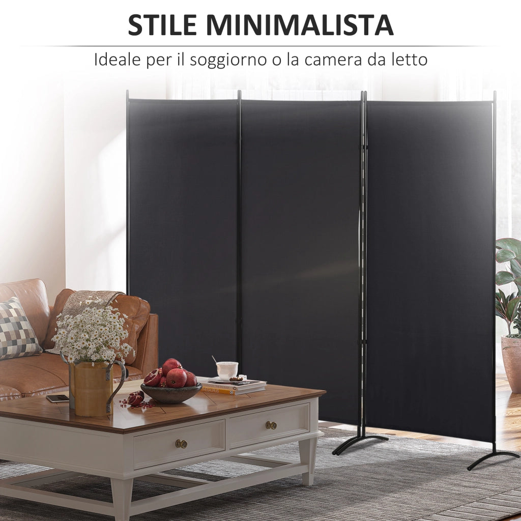 Paravento Separé da Interno 253x50x182 cm a 3 Pannelli Pieghevole in Metallo e Poliestere Nero