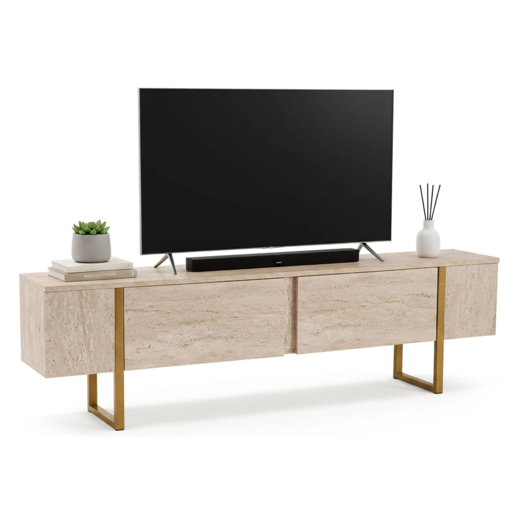 Mobile porta TV Lilith, Credenza da soggiorno, Armadio basso per TV, Base parete attrezzata, 180x30 h50 cm, Beige e Oro