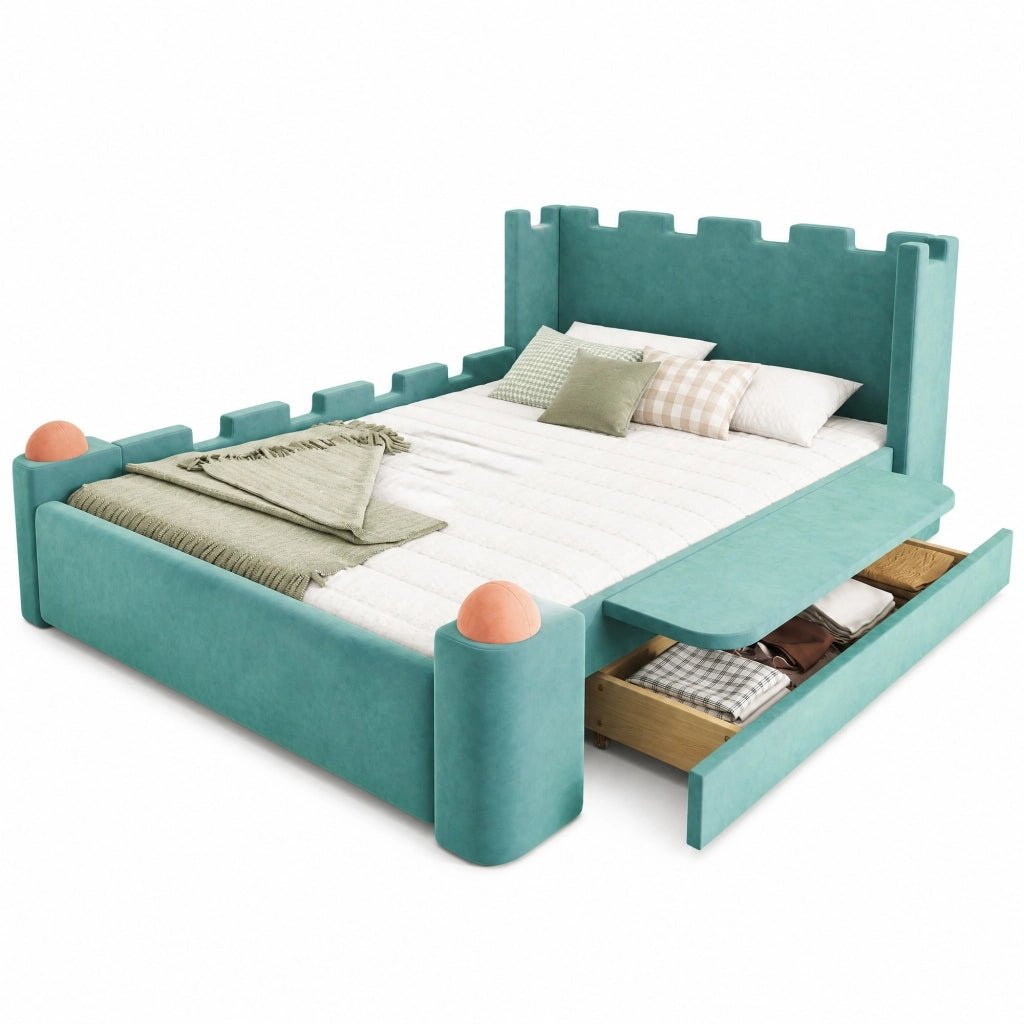 Letto imbottito per bambini con design a castello e contenitore laterale