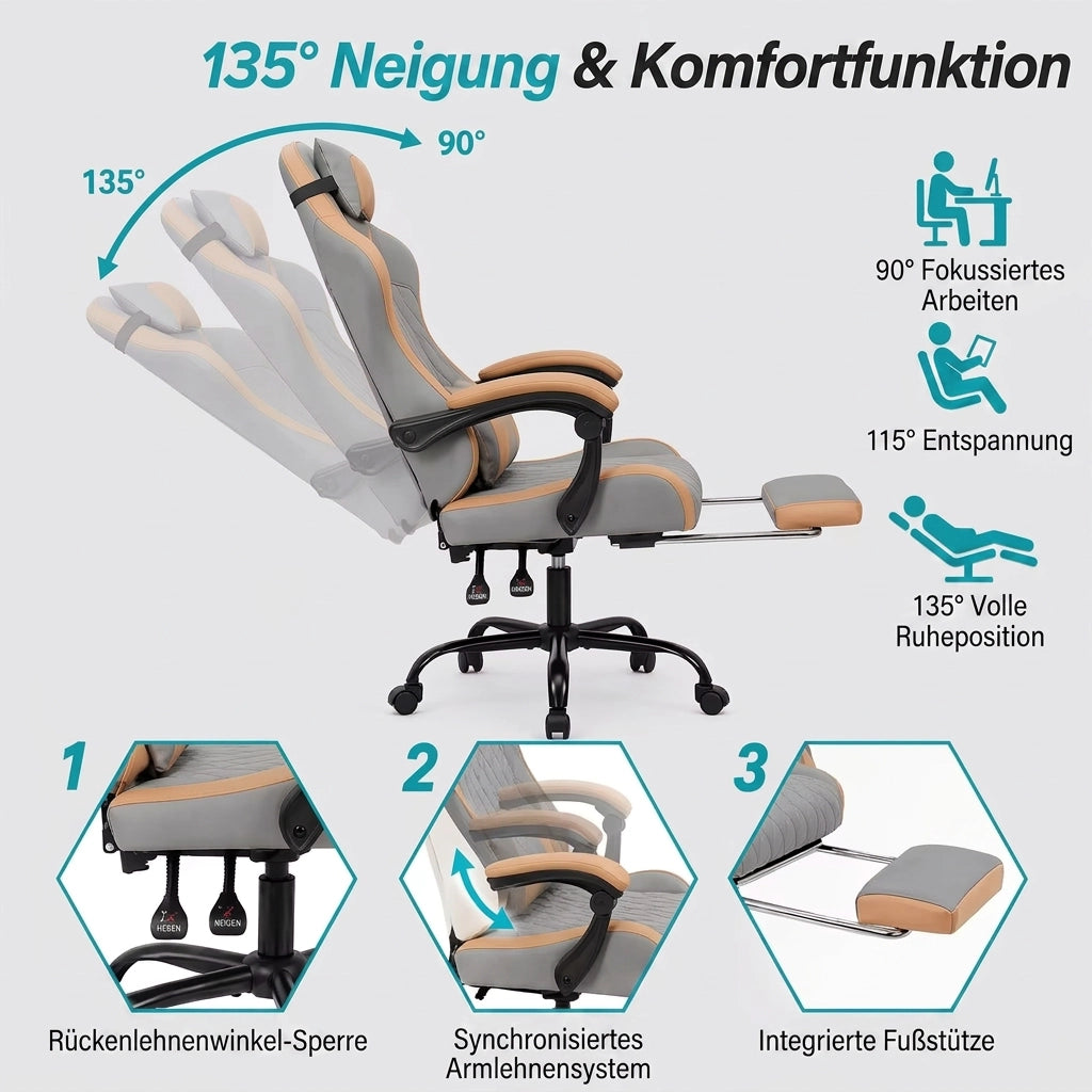 Sedia da ufficio gaming con schienale ergonomico, tasca posteriore e base in metallo, in PVC grigio marrone