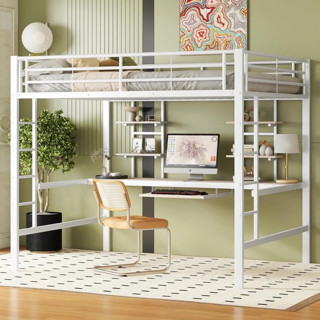 Letto a soppalco matrimoniale con scrivania; 2 scaffali e scala; 140 × 200 cm; senza materasso