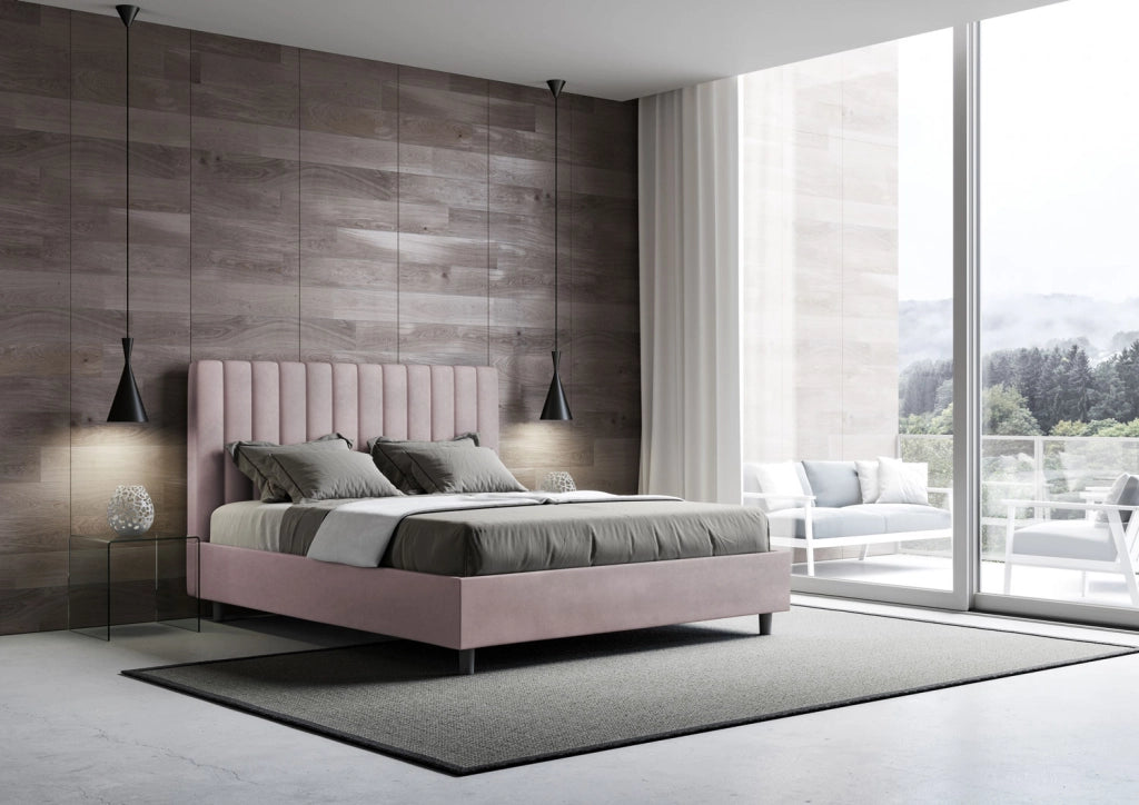 BS COM Letto matrimoniale con rete imbottito 160x200 microfibra glicine