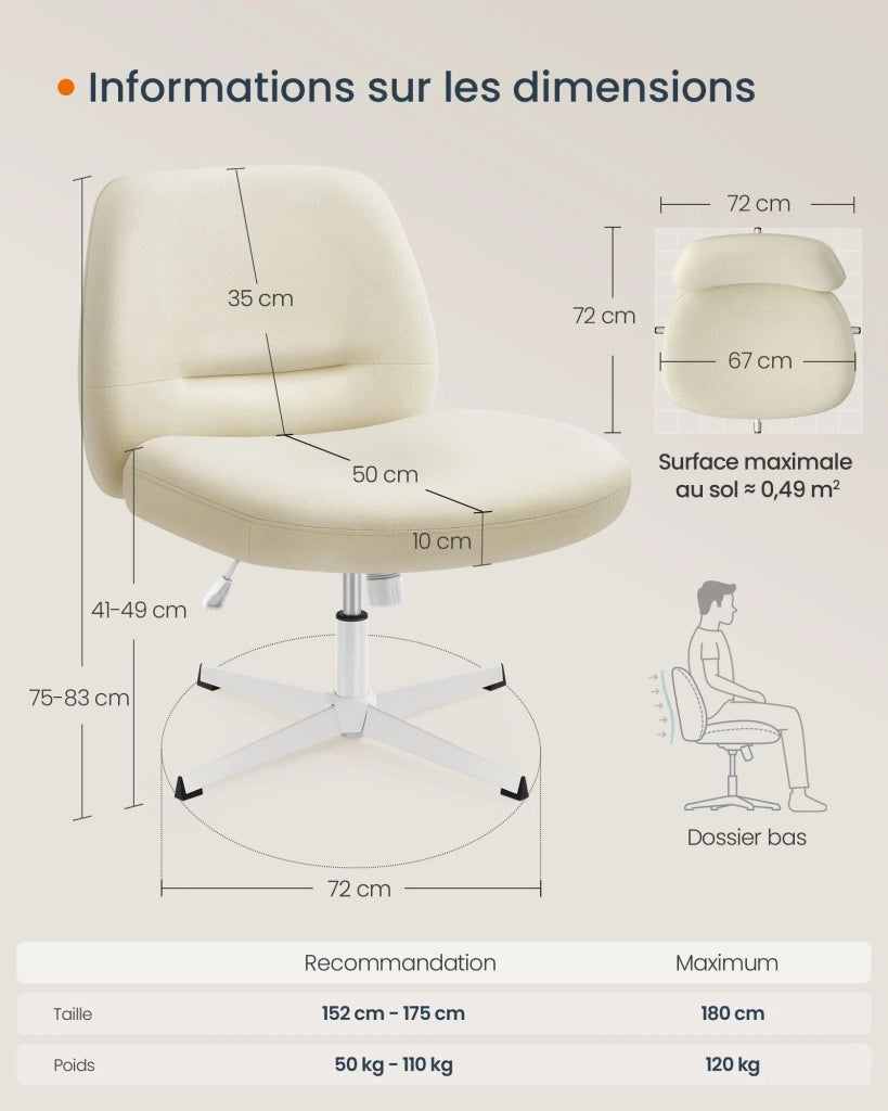 Sedia da ufficio ergonomica in stile moderno con base a croce seduta ampia e comoda altezza regolabile sedile girevole tessuto in cotone-lino bianco crema 12_0006057
