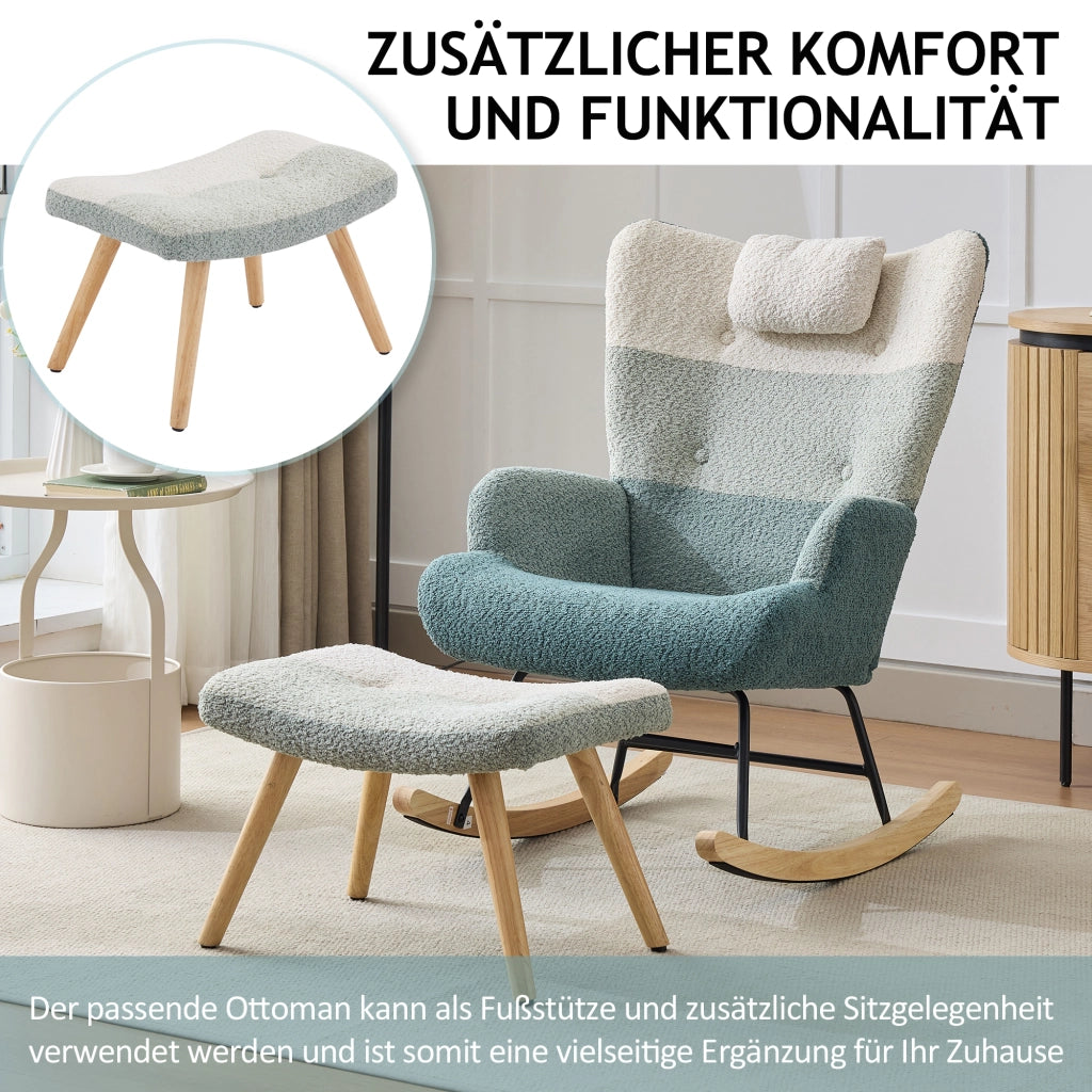 Poltrona a dondolo in bouclé con schienale alto, tasca laterale e struttura in metallo e legno multicolore 83 × 65,5 × 95 cm