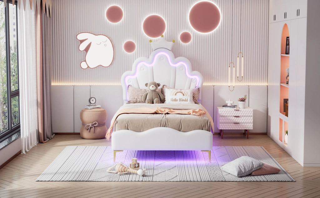 DESMIU Letto singolo 1 posto con LED regolabile e testiera regolabile 90 × 200 cm, senza materasso, bianco