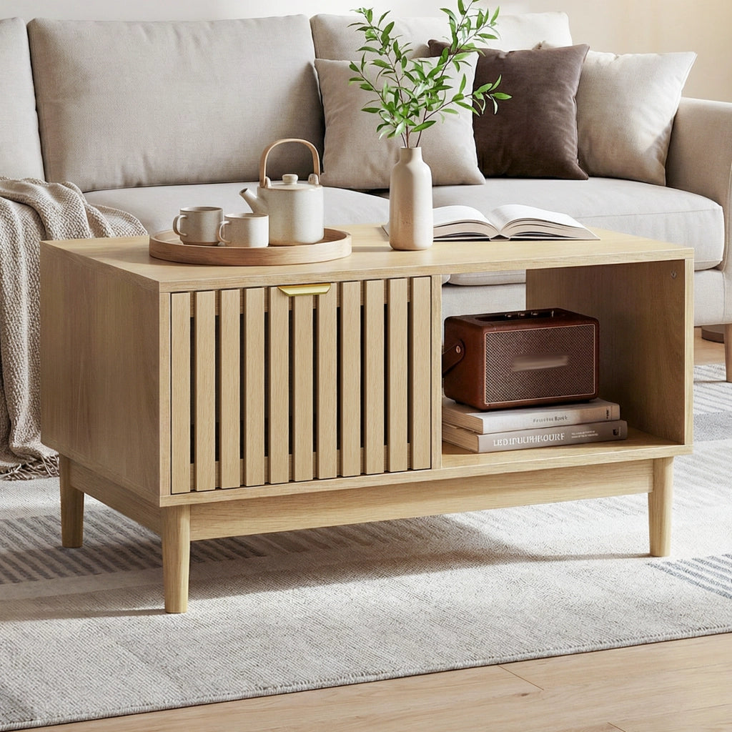 Tavolino da salotto con 1 cassetto; vani a giorno e struttura a doghe; gambe in legno massello; rovere; 80 × 50 × 45 cm