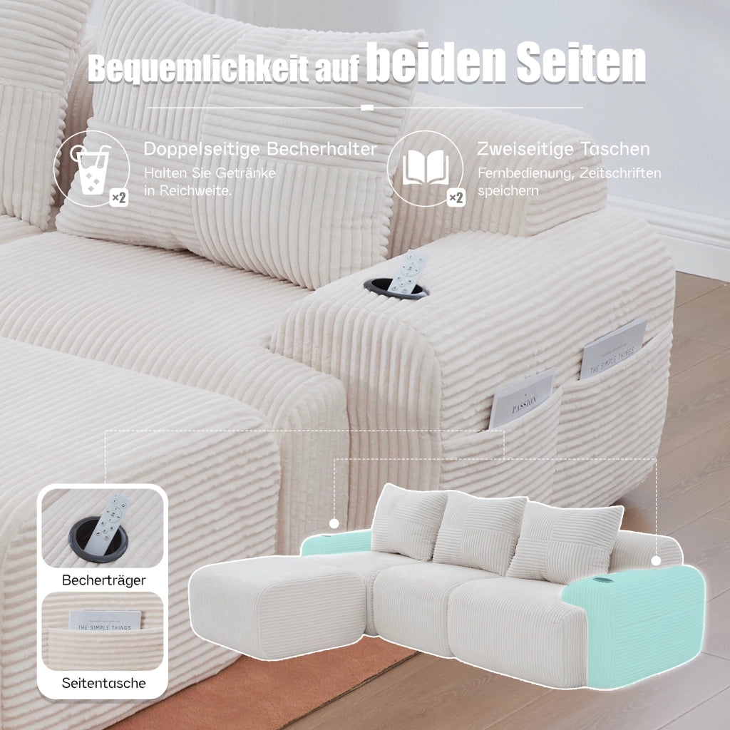 Divano modulare in corduroy per 3 persone con portabicchieri e tasca laterale per soggiorno beige 268 × 174 × 80 cm