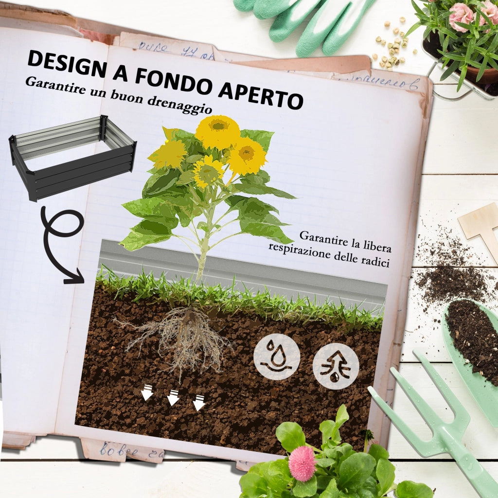 Set di 2 Letti per Orto Rialzato con Fondo Aperto 100x60x30cm in Acciaio Galvanizzato Grigio
