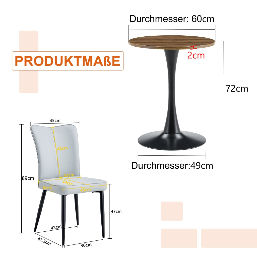 Set tavolo cucina e sedie con 1 tavolo rotondo e 2 sedie; base centrale; in MDF metallo e PU noce nero grigio chiaro