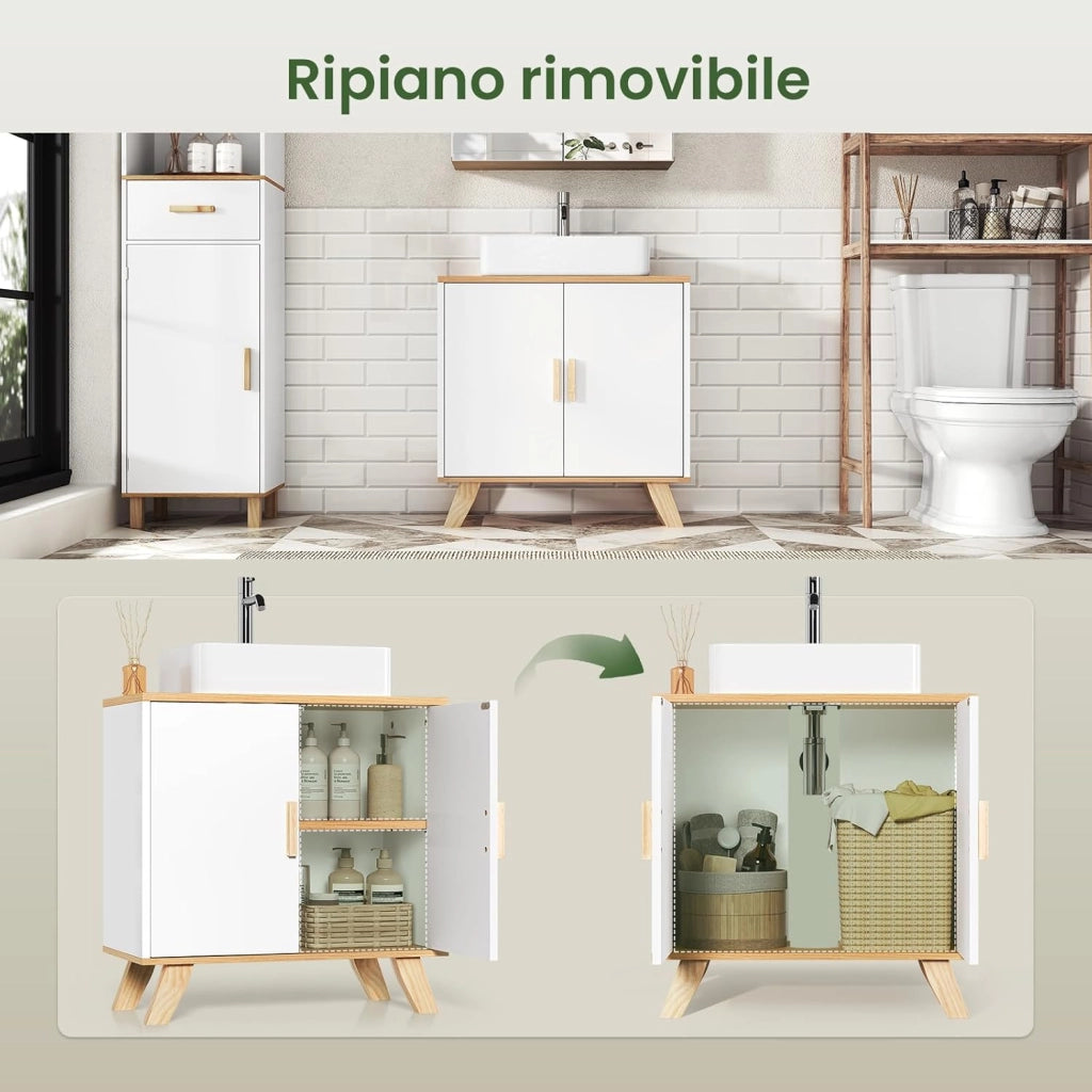 Mobiletto Sottolavabo Sottolavello Armadietto sotto Lavandino per Bagno con Due Ante in Legno
