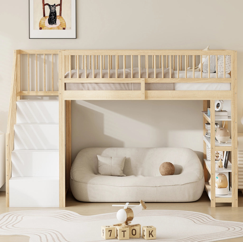 Letto a soppalco 90x200 cm in legno massiccio color legno naturale con scala e contenitore