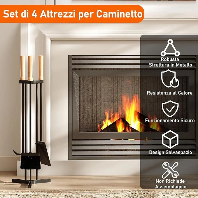 Attrezzi Camino a Legna da 4 Pezzi con Attizzatoio, Paletta, Scopa e Supporto Triangolare, Set Utensili Camino in Ferro Battuto con Manici in Legno di Faggio per Stufa e Focolare