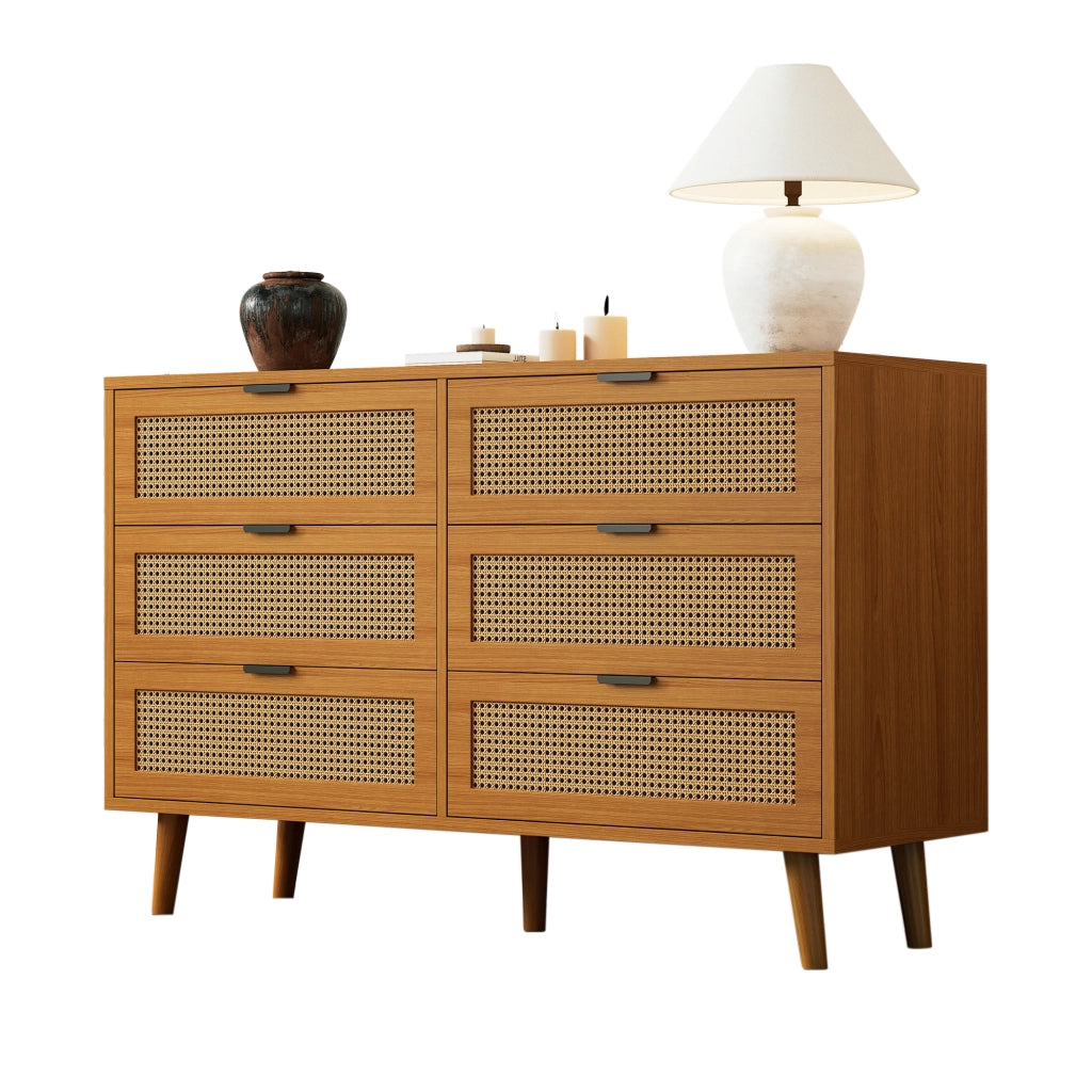 OKWISH Comò Retrò con 6 Cassetti, Maniglie in Metallo e Gambe in Legno Massello, per Camera Soggiorno Studio, Noce, 120×40×76.5 cm