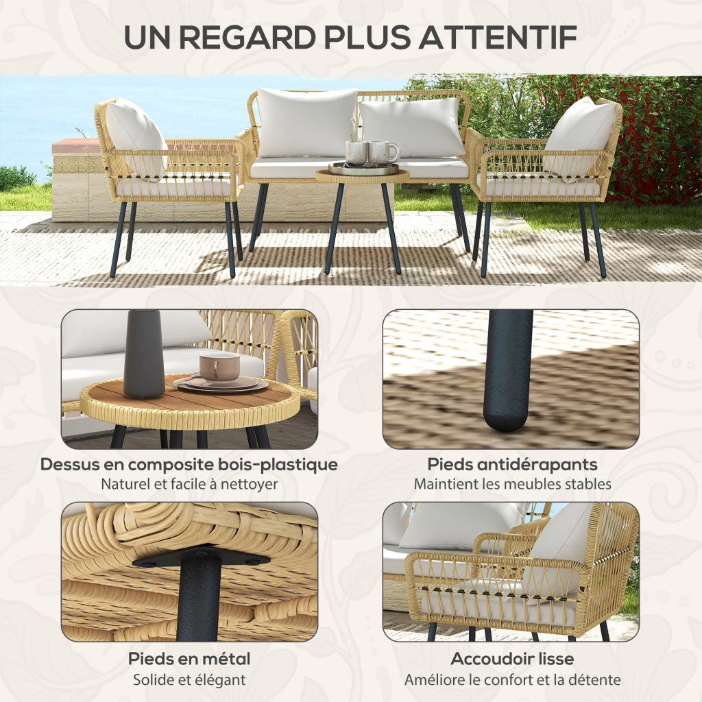 Set salotto da giardino 4 pezzi ¨C zephmum ¨C canap¨¦ 2 posti, 2 poltrone, 7 cuscini, tavolino rotondo, polyrattan