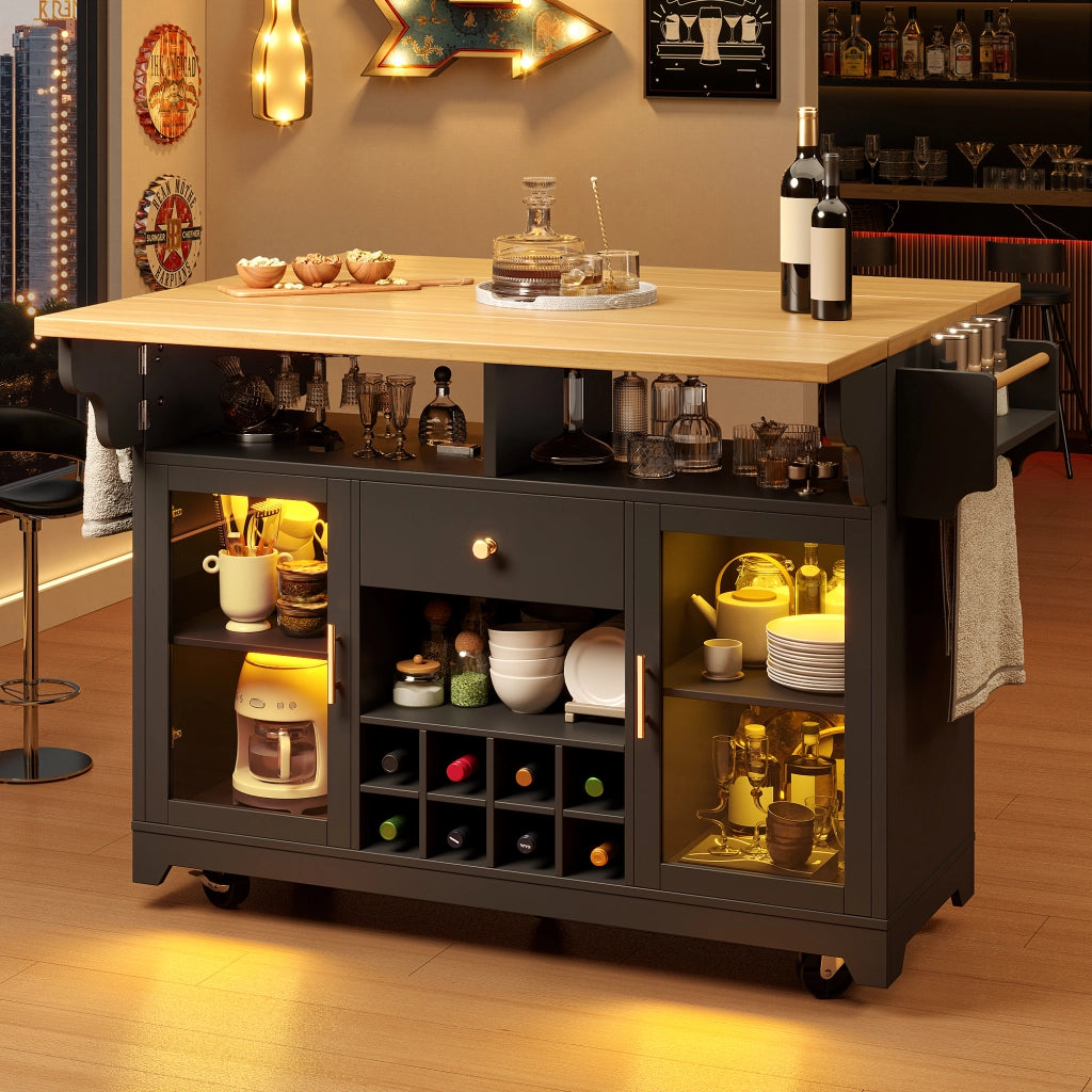 Carrello servitore con illuminazione LED RGB; estensioni ribaltabili e cantinetta; nero; altezza 95 cm