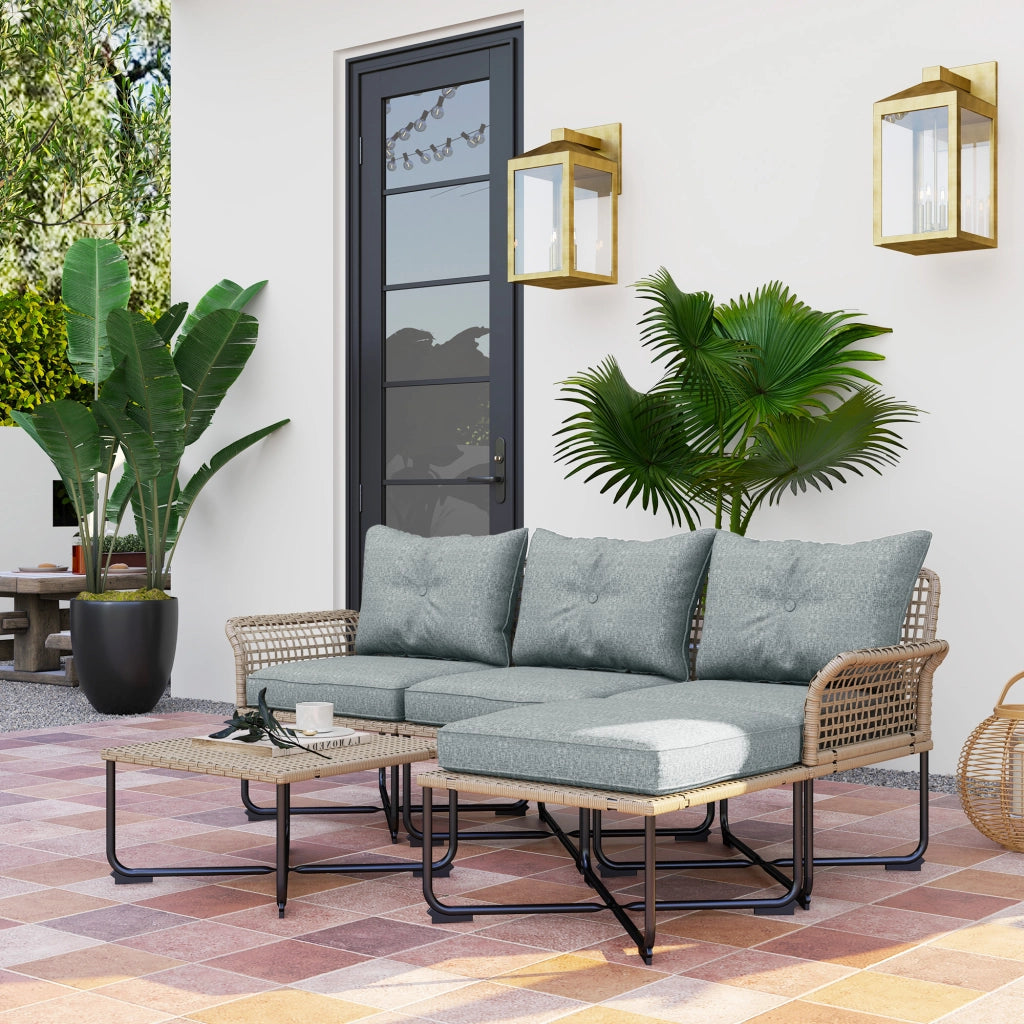 Set da Giardino 5 Pezzi in Rattan con 2 Sedie Laterali, Sedia Centrale e 2 Sgabelli/Tavolini da Caff¨¨