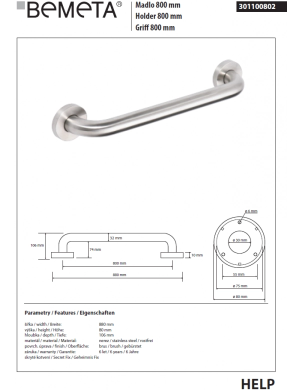 Maniglione doccia HELP 800 in acciaio spazzolato 88x8x10,6cm
