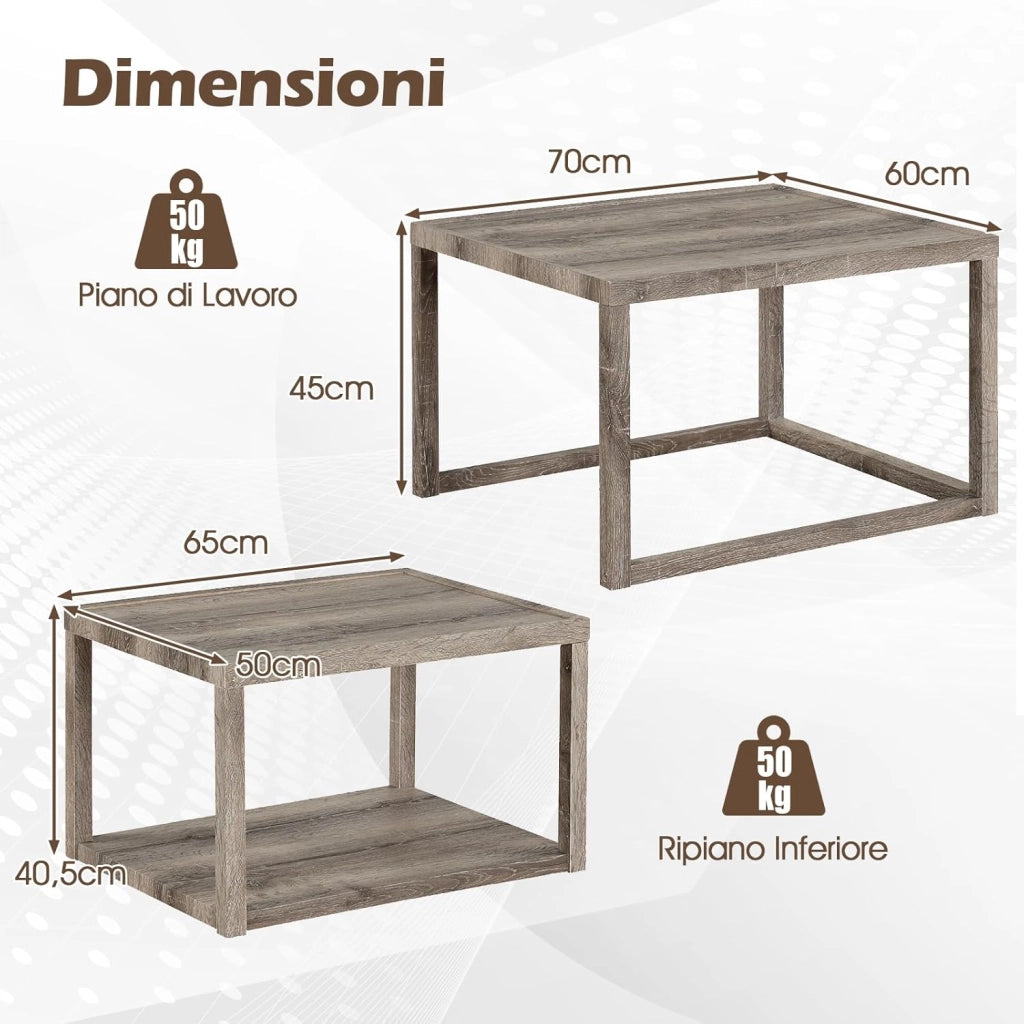 Set di 2 Tavolini Impilabili da Salotto con Ripiano e Struttura in Legno di Gomma, Tavolini Sovrapponibili con Stile Rustico per Soggiorno, Sala d'Attesa e Ufficio, Grigio