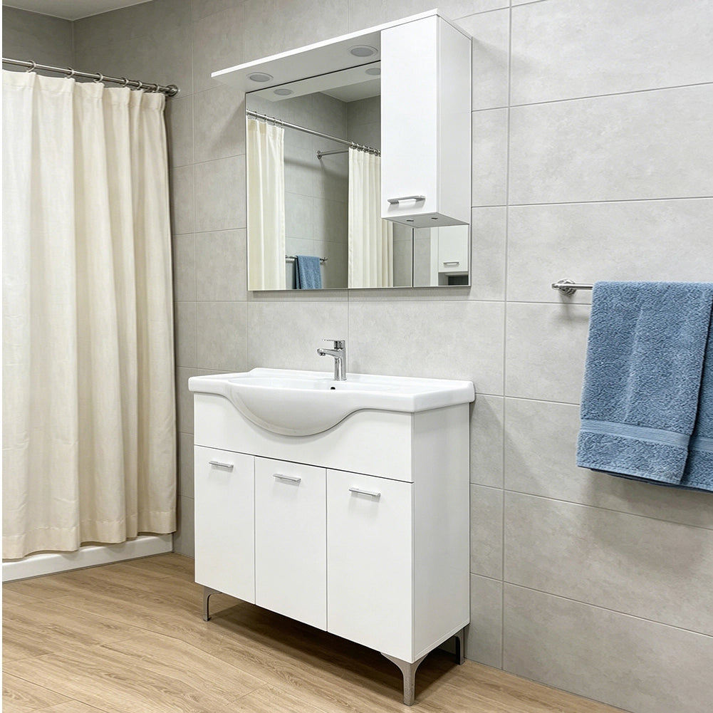 Set Completo Mobile da Bagno da Terra 85 cm Tre Ante Bianco Specchio e Accessori