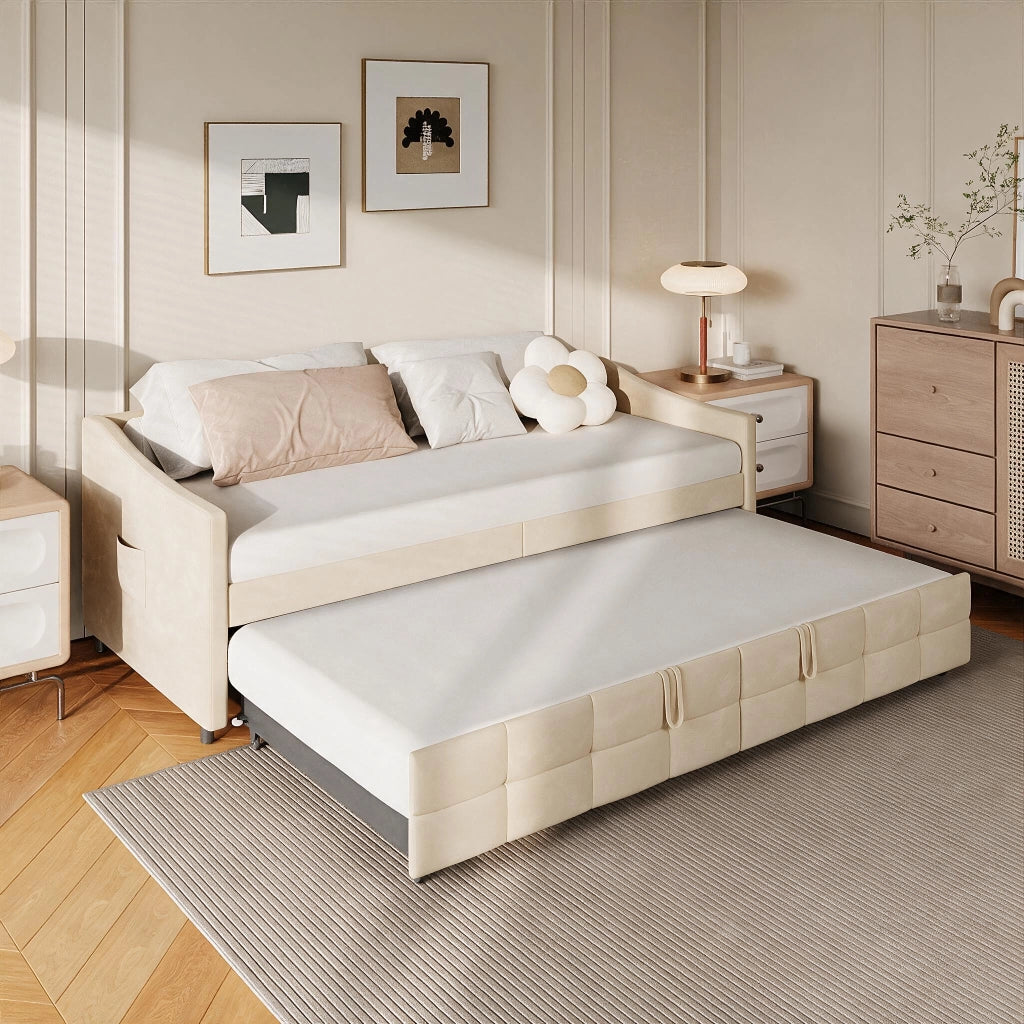 Divano letto matrimoniale 90x200cm;Estensibile in orizzontale;Non sollevabile;Velluto;Beige