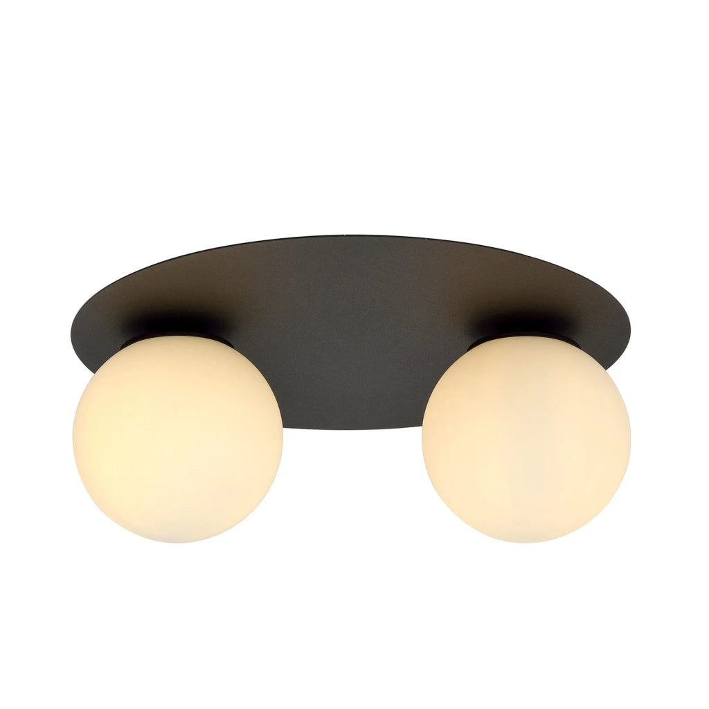Plafoniera Minimal 2 Luci Mnemosine In Acciaio Nero E Sfere Di Vetro Opale