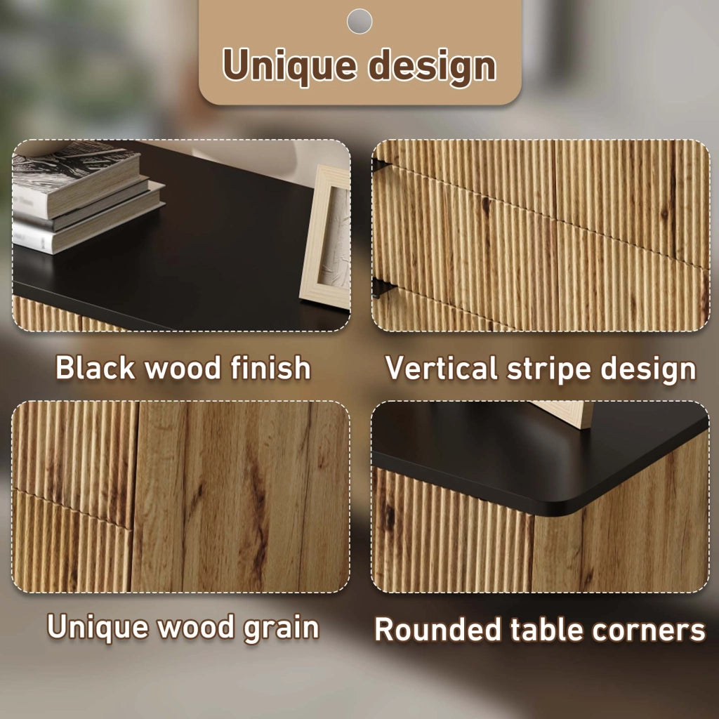 Credenza con 5 Cassetti; Rilievo Verticale; Piano Nero; Stile Moderno Nordico; in MDF; Naturale; 120??39;5??80 cm