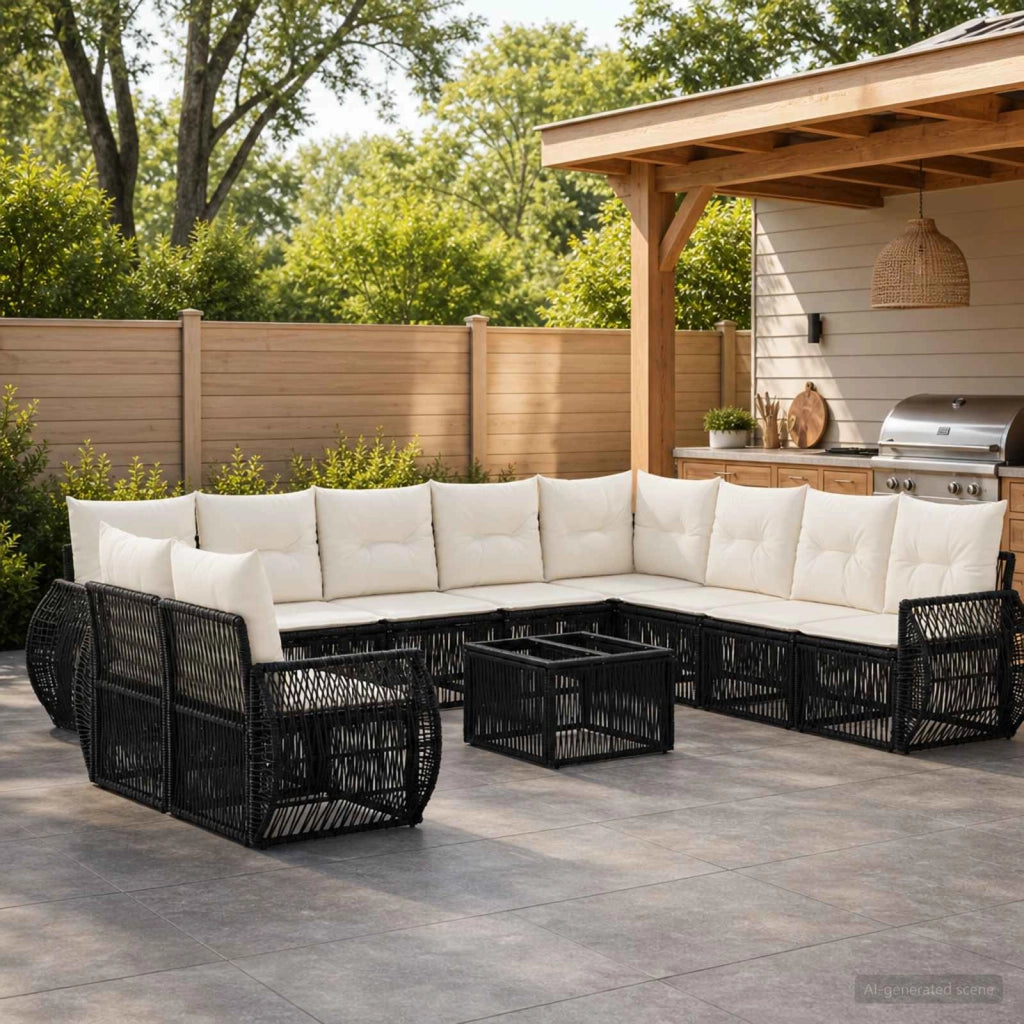 Set Divano da Giardino 11 pz Nero e Bianco Crema polyrattan 3435466