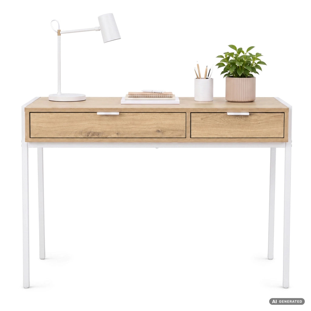 Scrivania industriale per computer Rovere Artisan ZENTIA 100 cm 2 cassetti gambe bianche