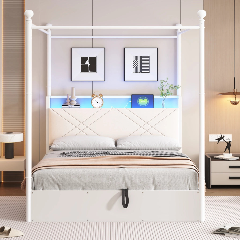 Letto contenitore 140 × 190 cm con baldacchino rimovibile, LED, USB e Type-C, senza materasso, bianco