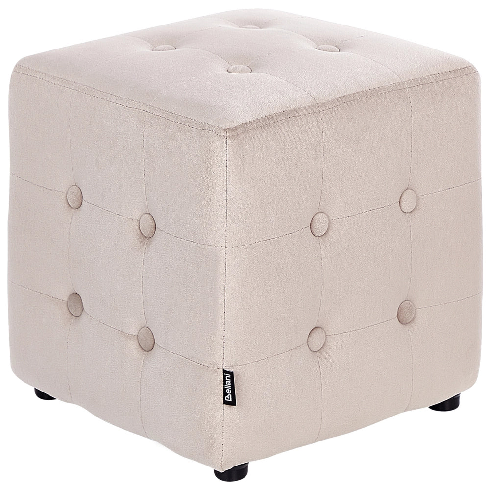 Pouf a forma di Cubo in velluto beige chiaro con bottoni tappezzeria trapuntata