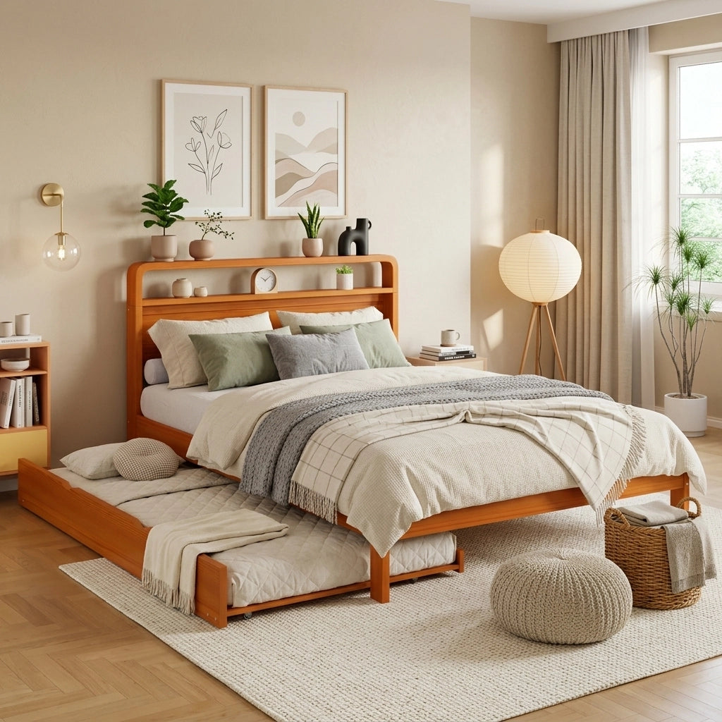 Letto Estraibile 140x200 cm e 90x190 cm; Letto Matrimoniale - 2-in-1 - Legno Naturale