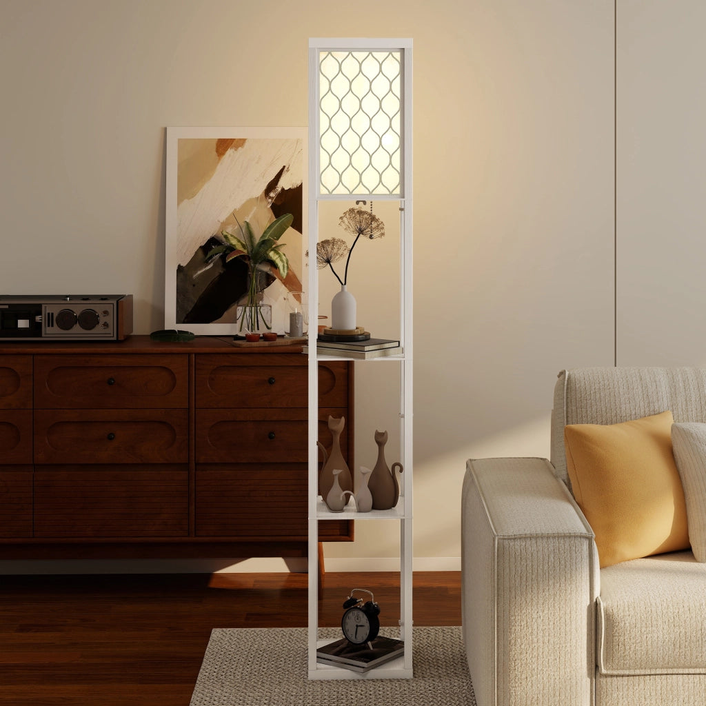 Lampada da Terra 2 in 1 Moderna 26x26x160 cm con 3 Ripiani Attacco E27 in MDF Bianco