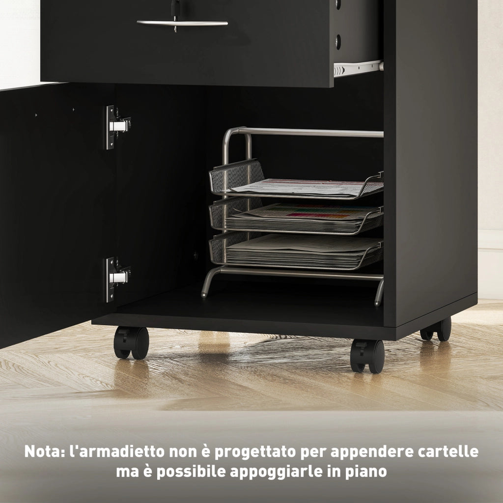 Cassettiera Portadocumenti a 4 Ruote 40x35x60 cm Cassetto con Serratura e Armadietto in Legno Nero