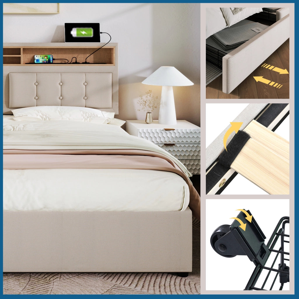 Letto imbottito 140x200 cm con 4 cassetti; USB-C e testiera regolabile; lino beige
