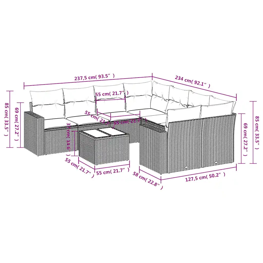 Set Divani da Giardino 9pz con Cuscini Marrone in Polyrattan