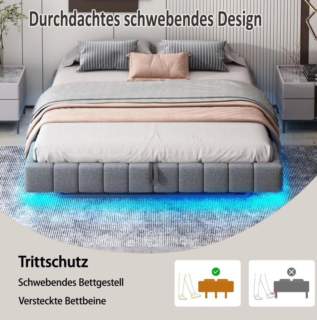 Letto matrimoniale imbottito 140x200 cm sospeso con LED e contenitore