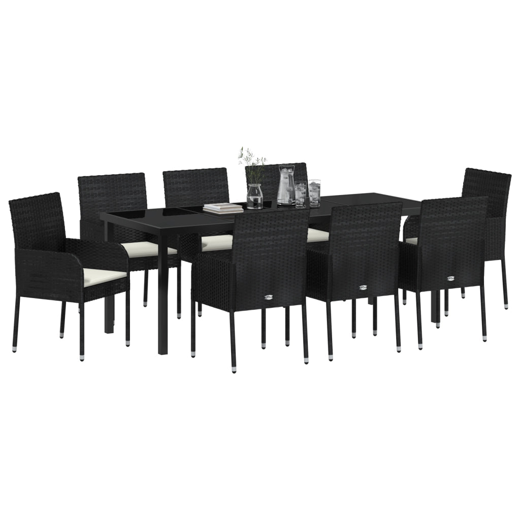 Set da pranzo da giardino in 9 pezzi con cuscini Nero Polyrattan