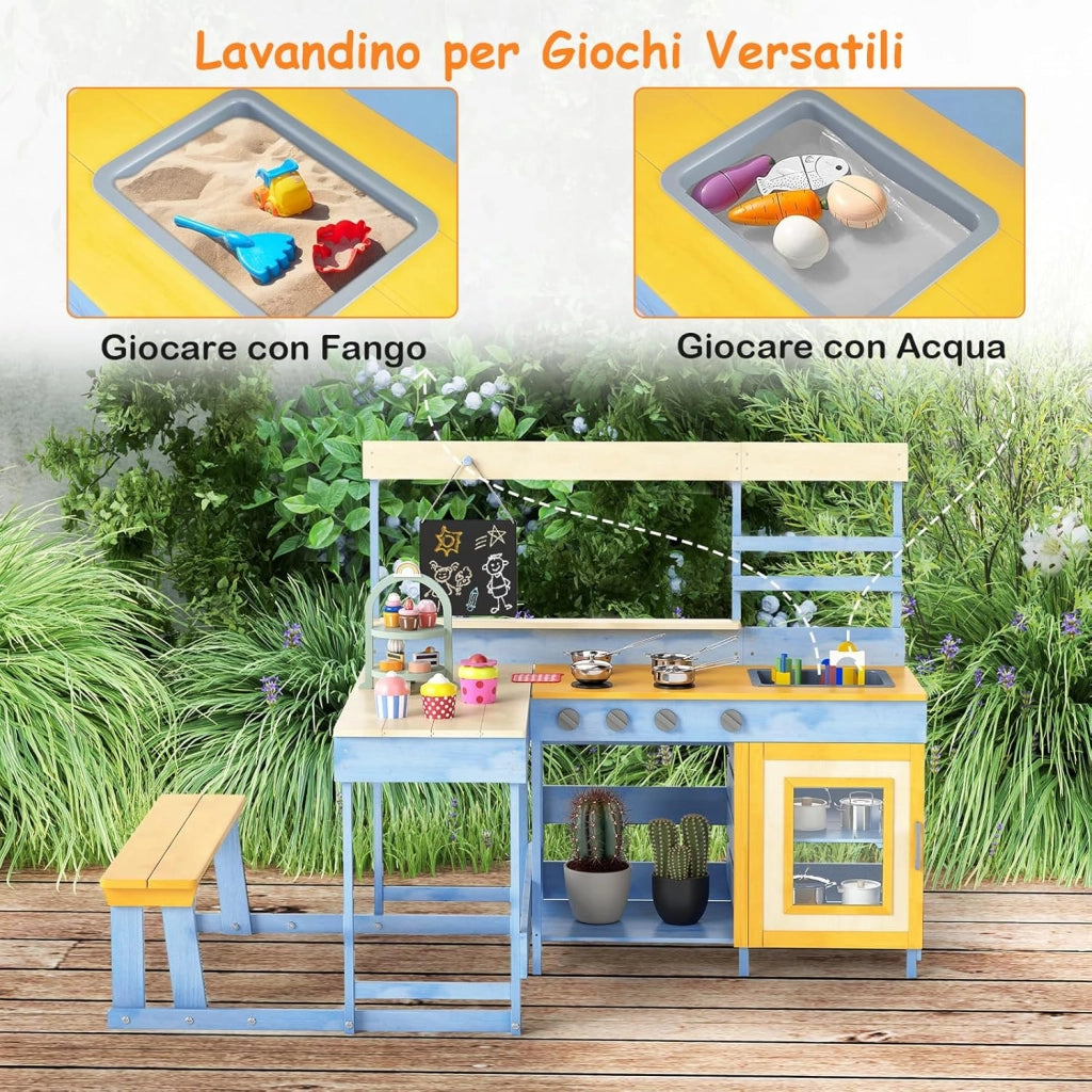 Cucina Giocattolo per Giardino con Tavolo e Panchina da Picnic, Cucina per Bambini in Legno di Abete con Fornelli, Lavandino, Lavagna e Forno, con 17 Accessori, 150 x 71 x 98 cm (Blu)
