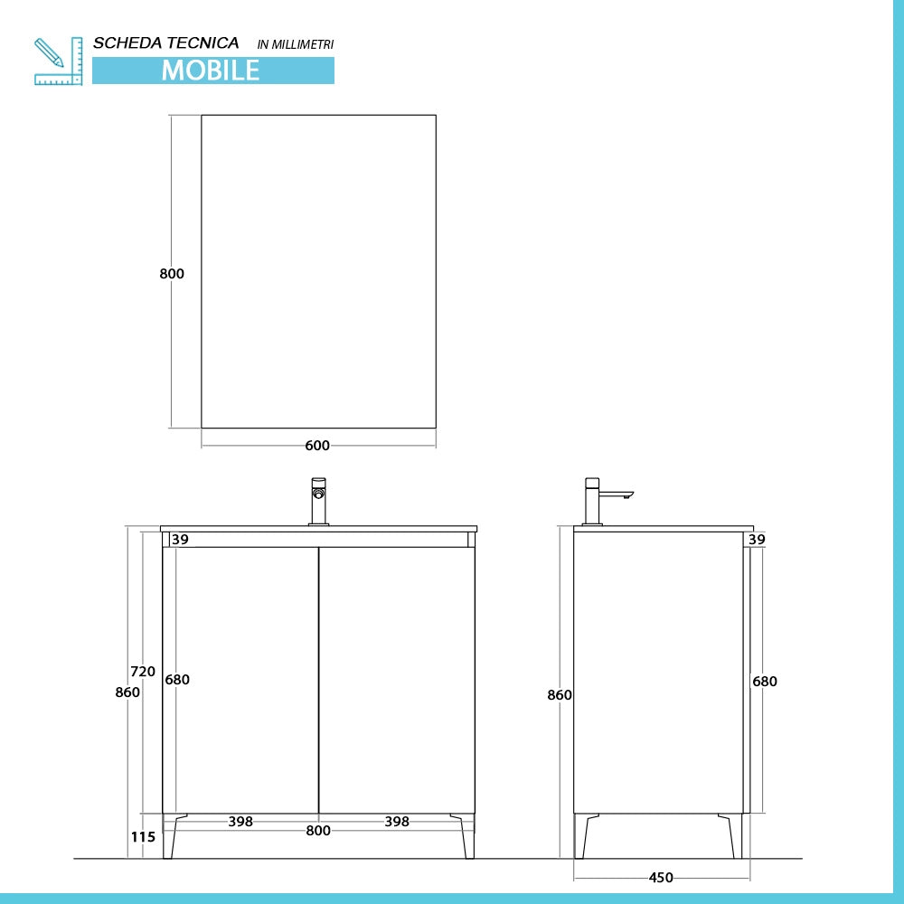 Mobile bagno a terra 80 cm bianco e rovere con 2 ante soft-close Kleo
