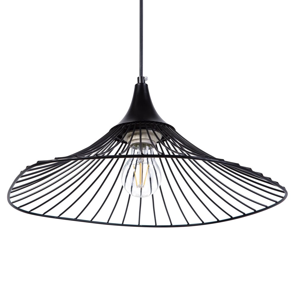 Lampadario in Metallo Nero Paralume a Imbuto con Griglia Cavo Nero