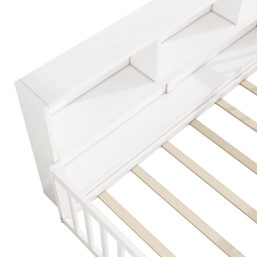 DESMIU Letto per bambini 90 × 200 cm con ripiani e sponda, senza materasso, in pino e MDF, bianco