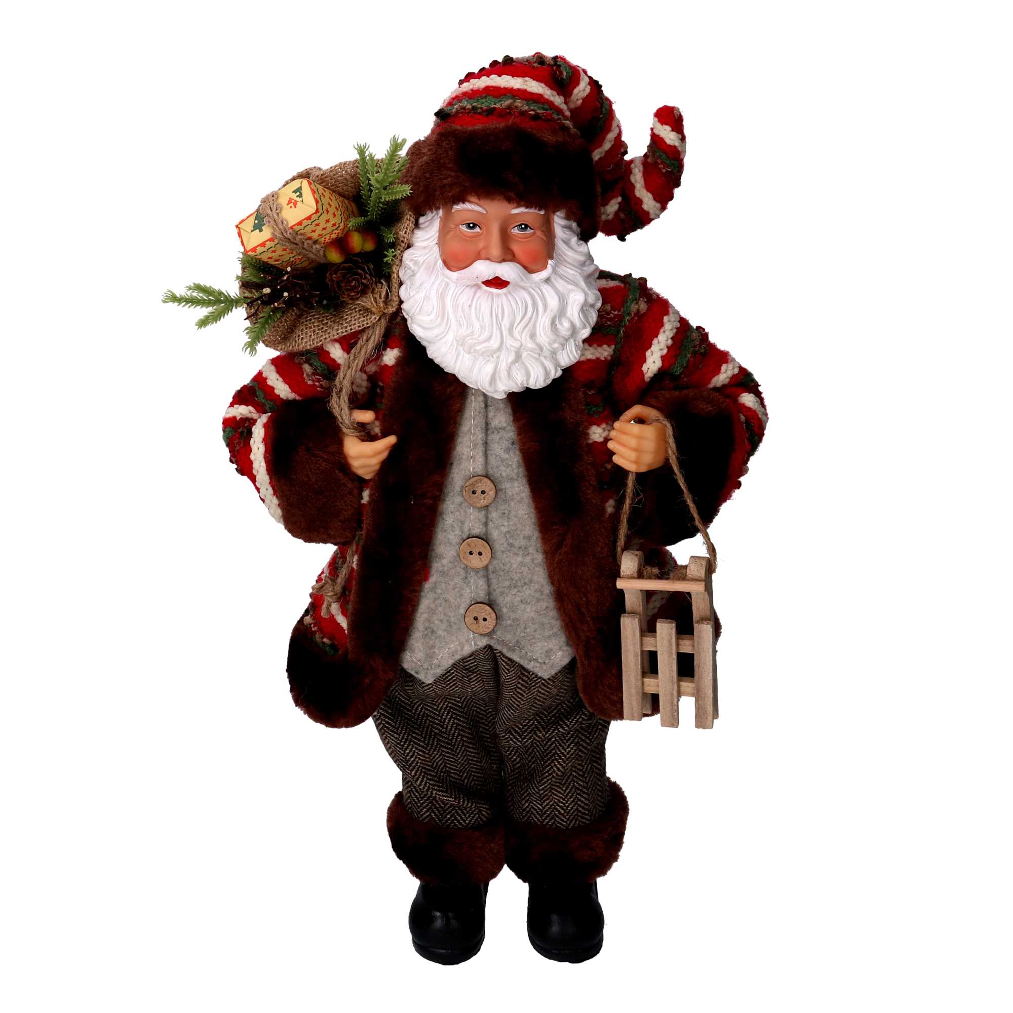 Babbo natale in tessuto marrone e rosso con slittino cm xh45