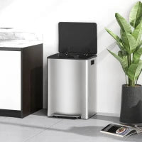 Bidone Immondizia a 2 Sezioni da 30L a Pedale con Coperchio Silenzioso, in Acciaio Inox e PP, 47.7x37.5x66.8 cm