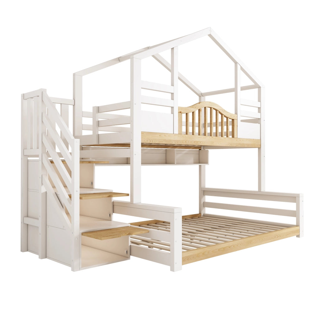 Letto a castello per bambini in legno bianco e naturale 90x200/140x200 con scala contenitore