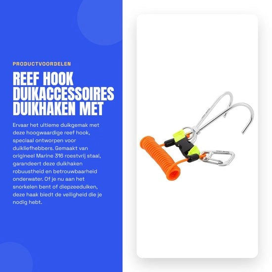 Solidchoice- Reef Hook - Roestvrij Staal - Antislip Dubbele Haak - Spiralen Koord - Veiligheidsaccessoires - Hoogwaardige Kwaliteit - Duikhaak