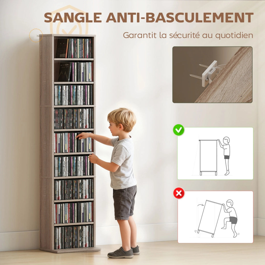 Libreria per CD e DVD ¨C zephmum ¨C 9 compartimenti, 6 ripiani regolabili, 33x24x140 cm, legno naturale