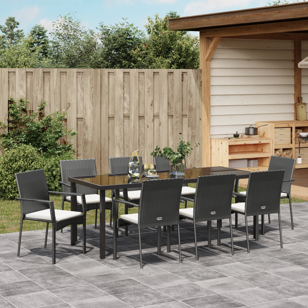 Set pranzo giardino 9 pezzi cuscini Nero Polyrattan
