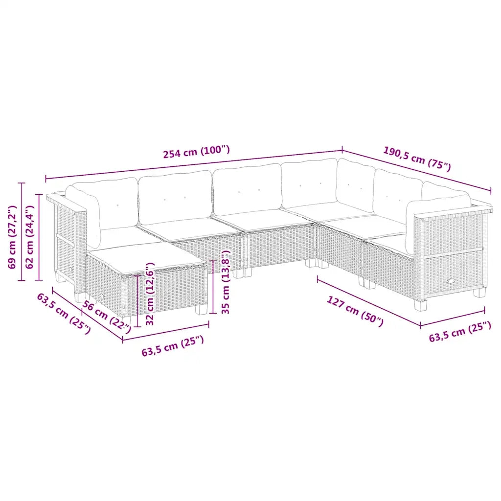 Set Divani da Giardino 7 pz con Cuscini Beige in Polyrattan