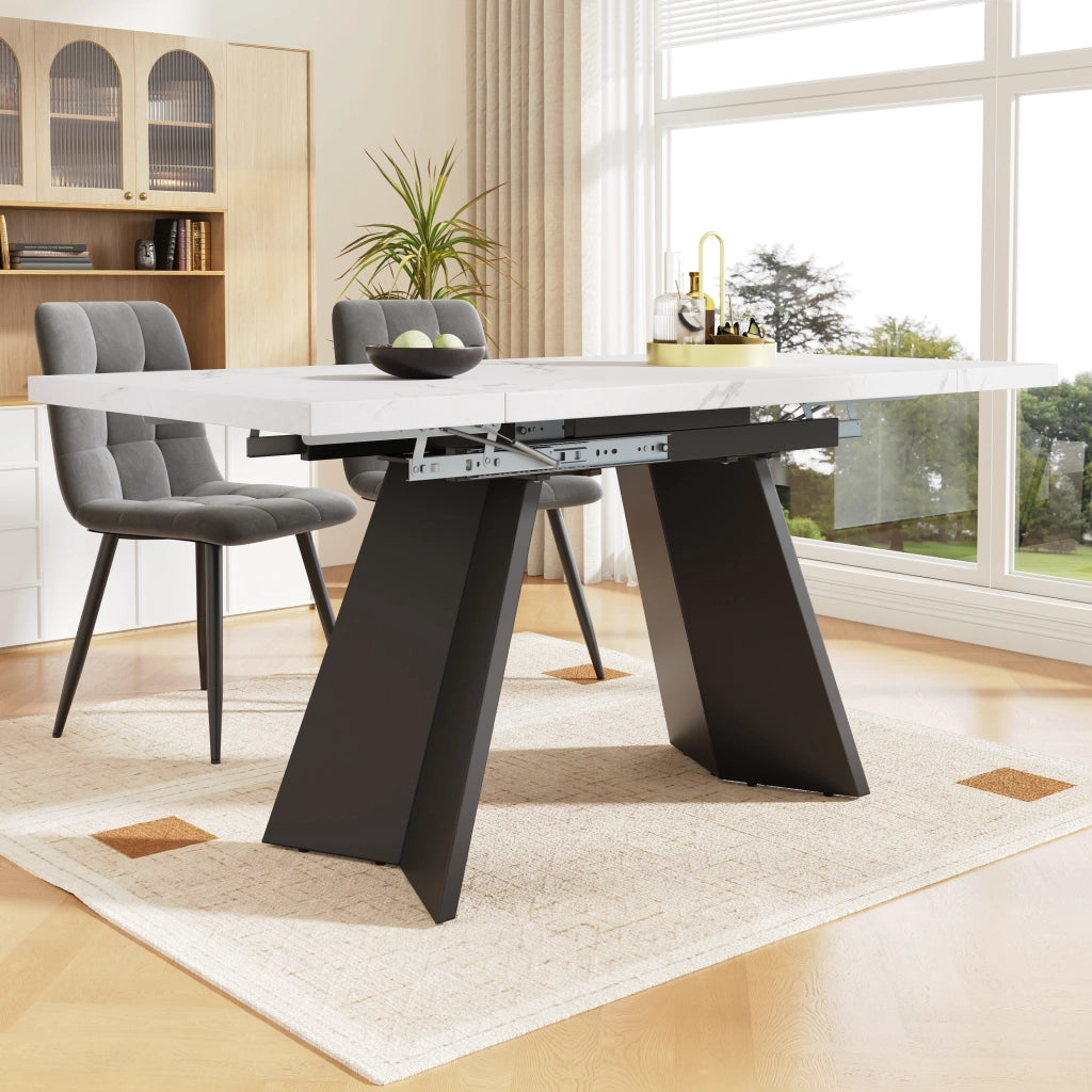 Tavolo da pranzo allungabile con 4 sedie in velluto piano in MDF effetto marmo bianco nero 159 × 74 × 77 cm