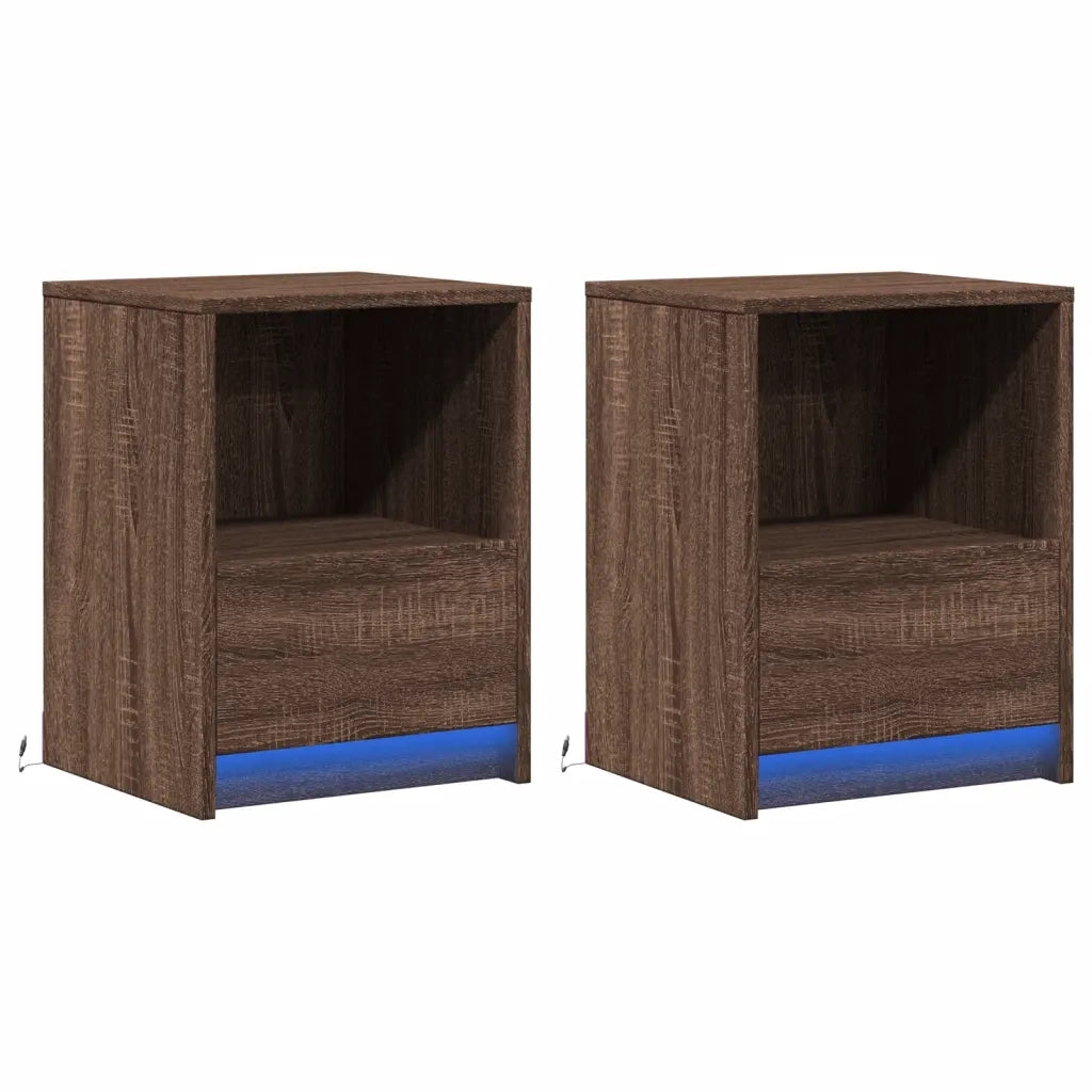 Set di 2 Comodini | Armadio da Notte | Mobiletto da notte con Luci LED Rovere Marrone in Legno Multistrato